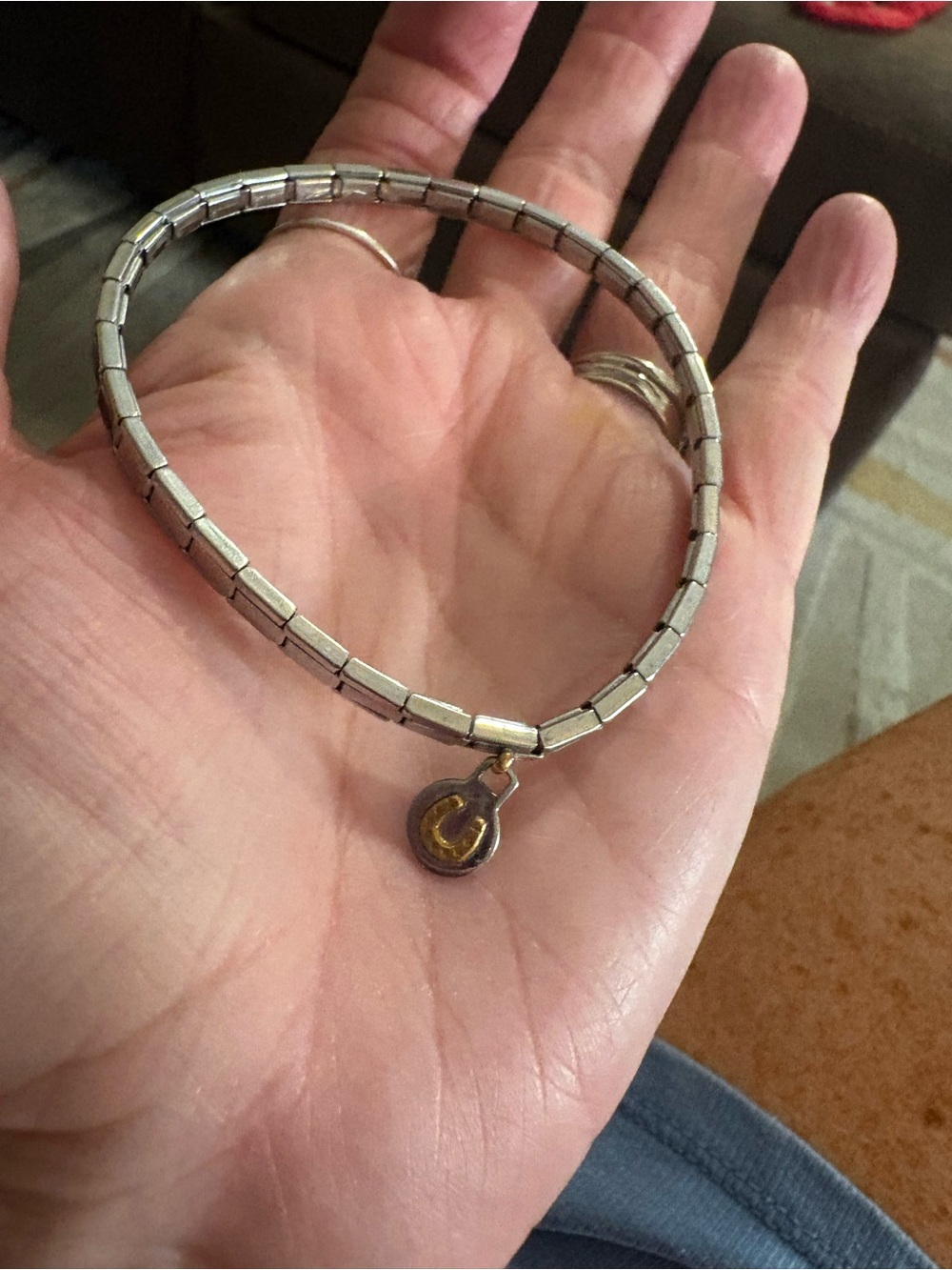 Silver-Tone Tile Link Bracelet/anklet with Gold Accent Charm